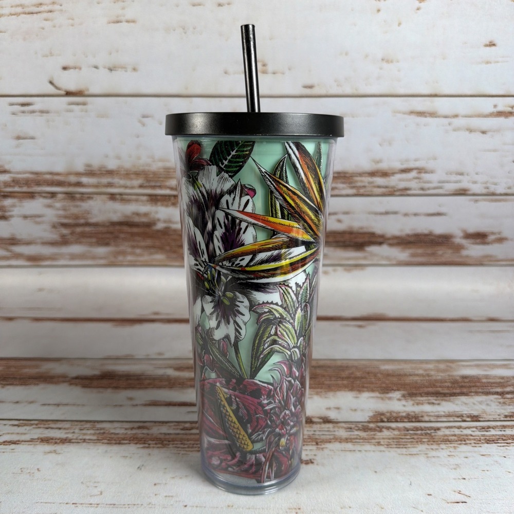 Starbucks Green Floral 24oz Plastic Tumbler Cup With Lid & Straw - Picture 1 of 6